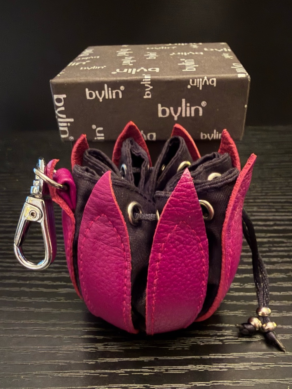 Bylin Fuchsia Leather Petal Keychain Pouch